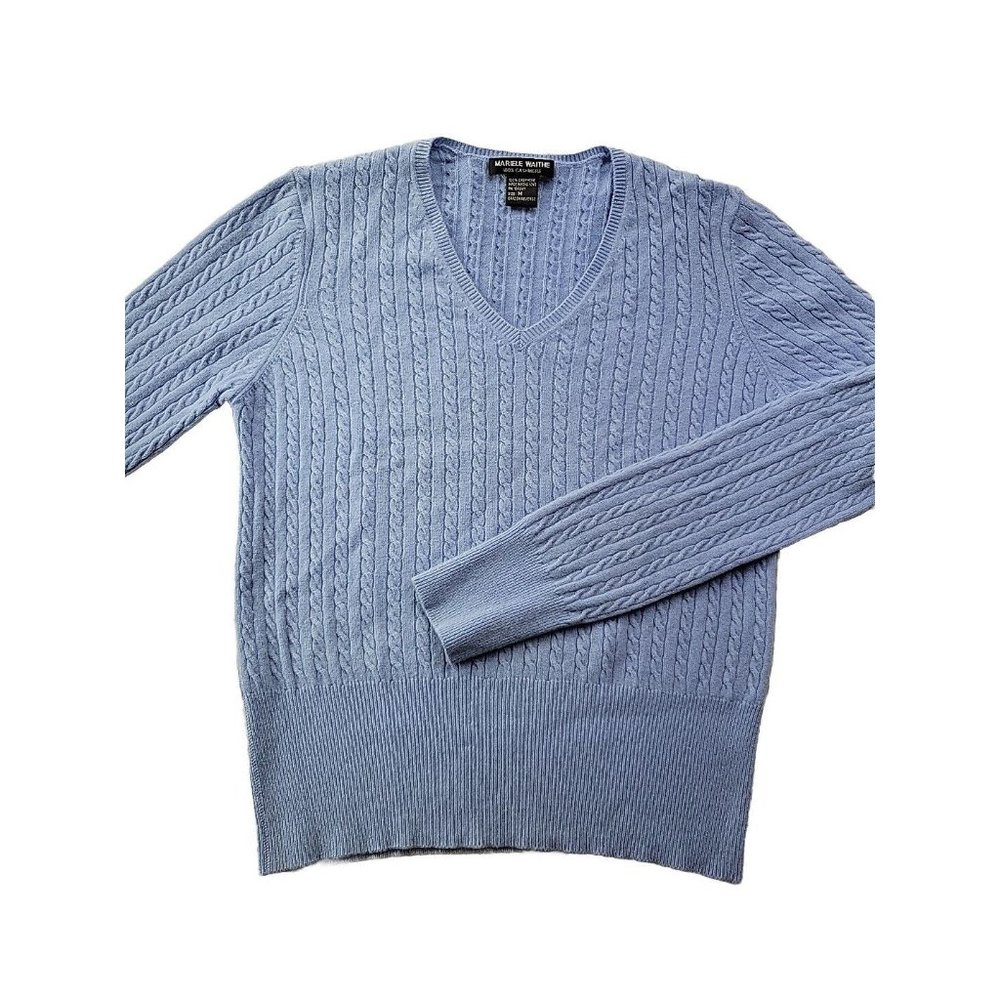 Mariele Waithe Women M Powder Blue Cable Knit Cashmere Sweater V Neck Luxury